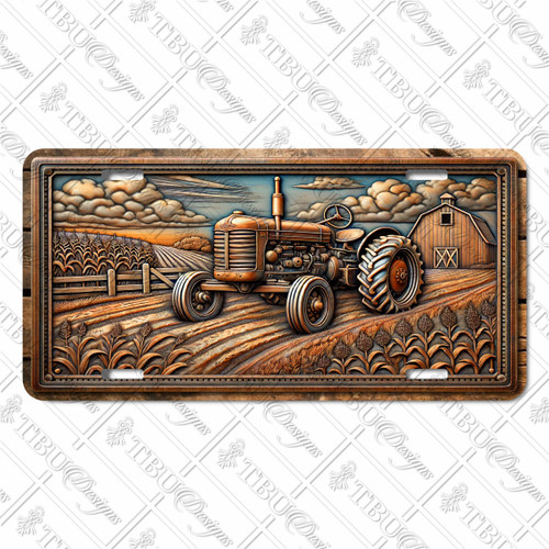 Rustic tractor in cornfield license plate featuring embossed-look copper tractor with barn, crops, and cloudy sky in warm bronze and teal tones.