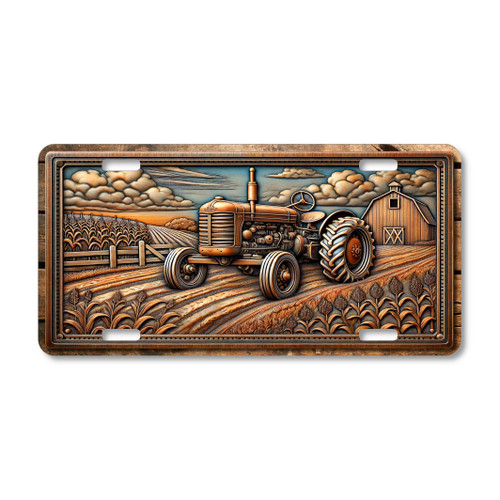 Rustic tractor in cornfield license plate featuring embossed-look copper tractor with barn, crops, and cloudy sky in warm bronze and teal tones.