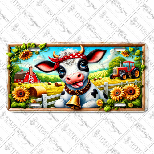 Playful farm cow license plate featuring cheerful cow in red bandana and cowbell framed by sunflowers, red barn, and tractor in vibrant rustic tones.