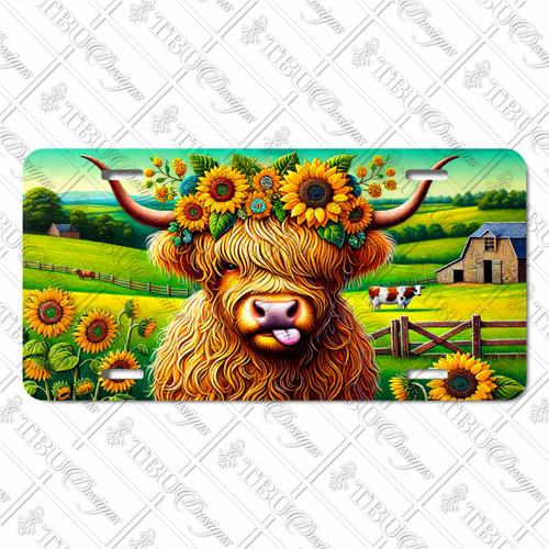 Highland cow with sunflowers license plate featuring long-haired cow wearing sunflower crown in a rustic barnyard and pasture setting.