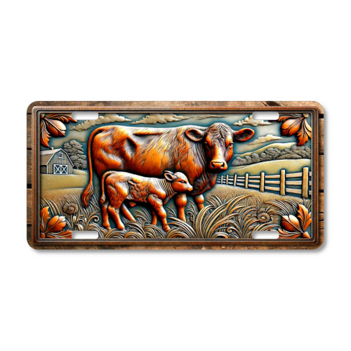 Mama cow and calf license plate featuring rustic barnyard design with field, barn, and leaf accents in warm earthy tones.