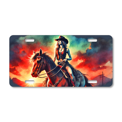 Cowgirl on horse license plate featuring western cowgirl riding horseback against vivid fiery sunset and stormy blue sky in rustic embossed-look tones.