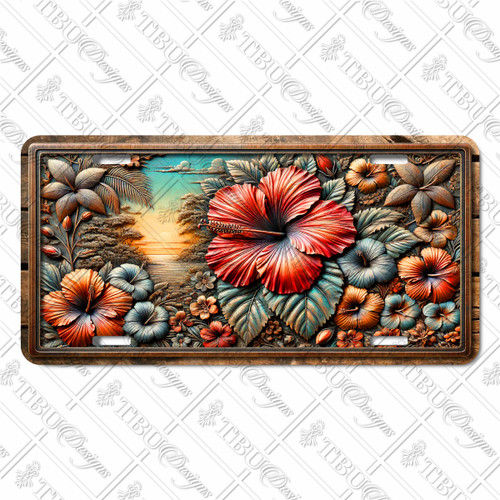 Tropical hibiscus floral license plate featuring bold red, orange, and teal flowers with a radiant sunset background in embossed-look artwork on aluminum. Tropical hibiscus floral license plate featuring bold red, orange, and teal flowers with a radiant sunset background in embossed-look artwork on aluminum.
