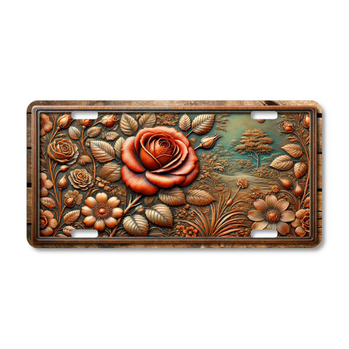 Rustic rose floral license plate featuring copper and bronze flowers with teal scenic background in embossed-look artwork on aluminum.