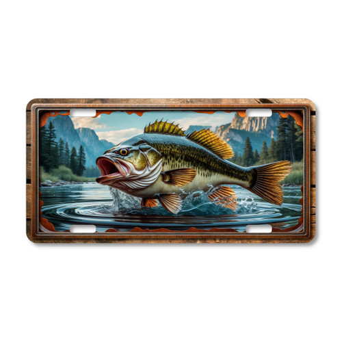 Fishing license plate featuring a largemouth bass leaping from a mountain lake with pine forest and rocky cliffs in embossed-look artwork on aluminum.