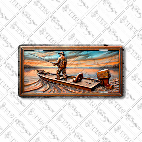 Rustic fishing license plate featuring a fisherman casting from a boat at sunset with rippling water in embossed-look artwork on aluminum.
