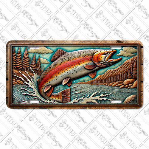 Colorful rainbow trout license plate featuring leaping fish above mountain stream in rustic embossed-look artwork.