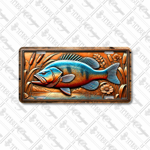 Colorful bluegill license plate featuring rustic pond scene with cattails and flowers in embossed-look artwork.