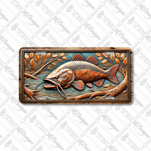 Rustic channel catfish license plate featuring bold bronze and teal tones with river branches in embossed-look artwork.