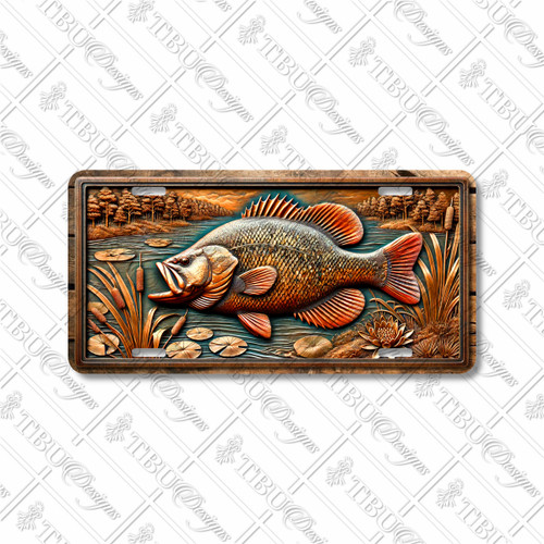 Rustic shellcracker license plate featuring vivid bronze and teal tones with lily pad lake background in embossed-look artwork.