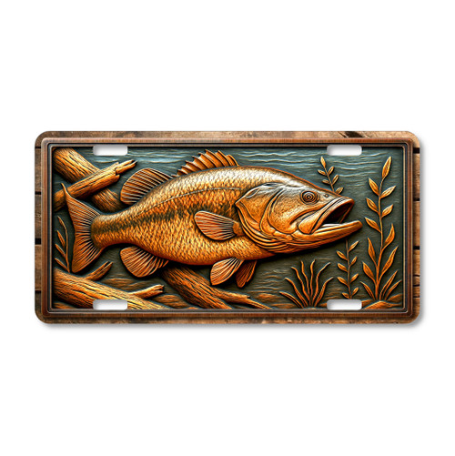 Rustic largemouth bass license plate featuring bold bronze and golden tones with underwater branches and plants in embossed-look artwork.