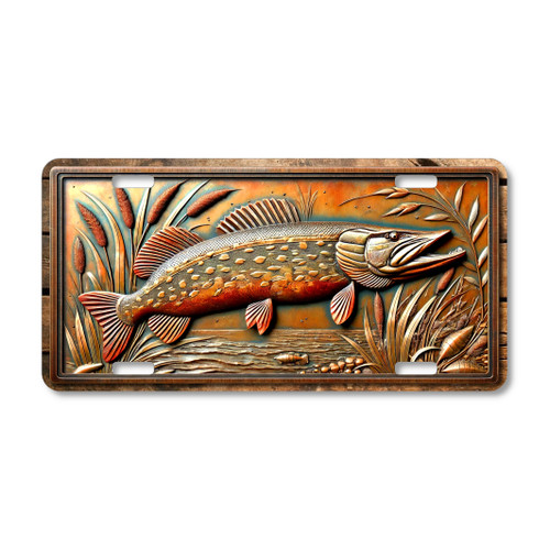 Rustic northern pike license plate featuring bronze and copper tones with cattails and reeds in embossed-look artwork.