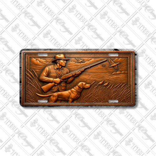 Rustic bird hunter license plate featuring embossed-look copper design with hunter, retriever dog, and ducks in flight on aluminum plate.
