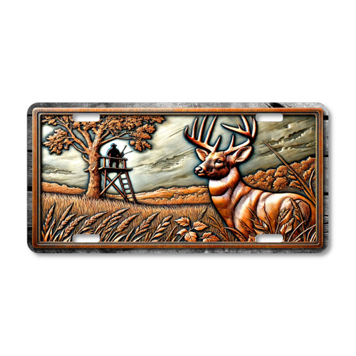 Rustic deer hunter license plate featuring embossed-look copper design of a buck in the field with hunter in tree stand under an oak tree on aluminum plate.
