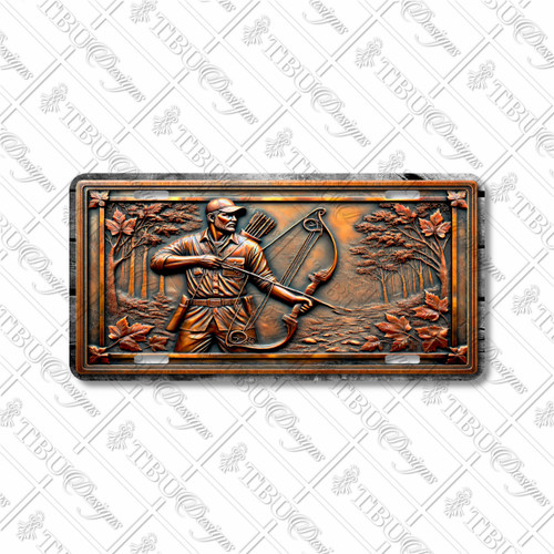 Rustic bow hunter license plate featuring embossed-look copper design of archer with compound bow in a forest scene surrounded by maple leaves on aluminum plate.