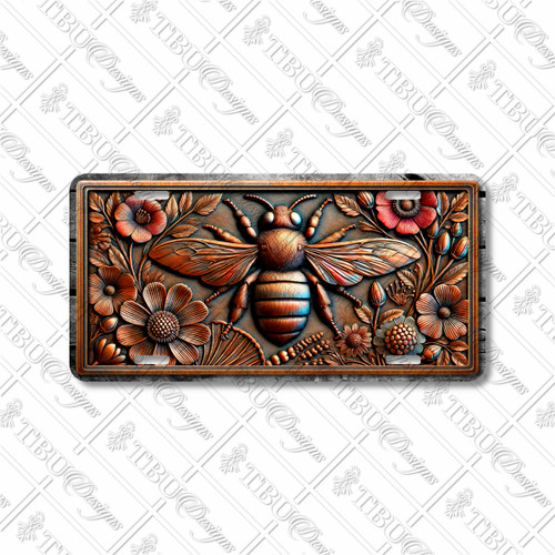 Rustic bee and flowers license plate featuring embossed-look copper design with honeybee and floral artwork on aluminum plate.