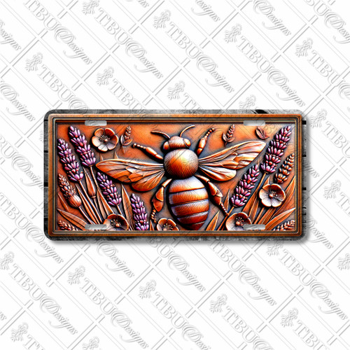 Rustic bee and lavender license plate featuring embossed-look copper design with honeybee and lavender flowers on aluminum plate.
