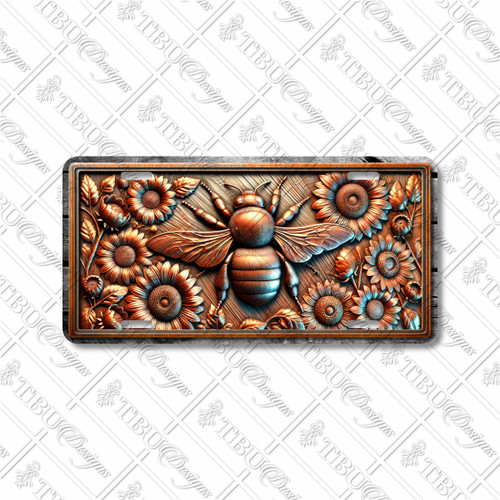 Rustic bee and sunflowers license plate featuring embossed-look copper design with honeybee surrounded by sunflower blossoms on aluminum plate.