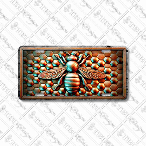 Rustic bee and honeycomb license plate featuring embossed-look copper design with honeybee centered against honeycomb hexagon background on aluminum plate.