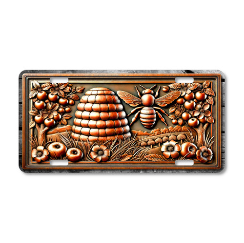 Rustic beehive and honeybee license plate featuring embossed-look copper design with hive, flowers, and fruit tree branches on aluminum plate.