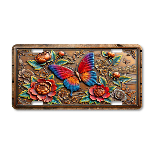 Colorful butterfly and peony flowers license plate featuring embossed-look copper design with bright butterfly and floral details on aluminum plate