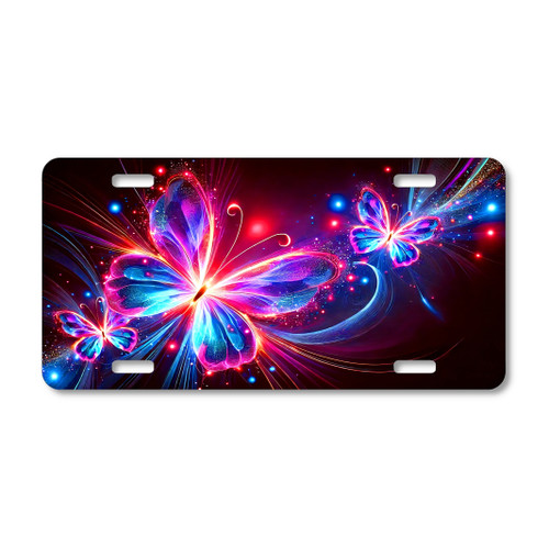License plate featuring glowing neon butterflies in vivid pink, purple, and blue hues set against a deep, dramatic dark background.