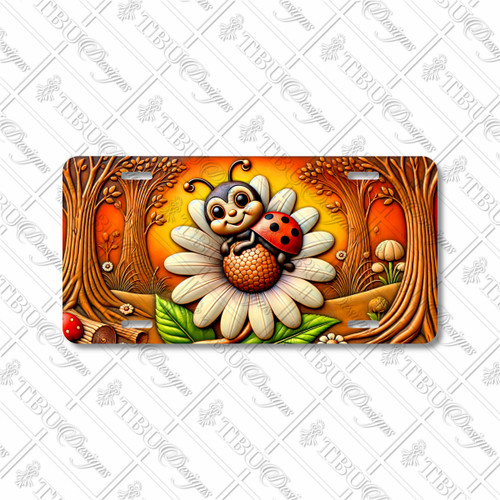 Ladybug license plate featuring a cheerful cartoon ladybug on a daisy with warm autumn woodland background, printed on aluminum.