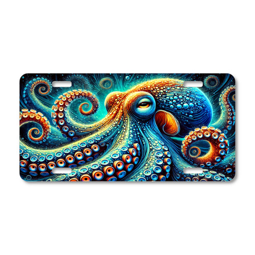 Octopus license plate featuring psychedelic-style tentacles in vibrant blue, orange, and turquoise ocean tones, printed on aluminum.