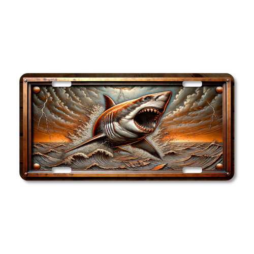 Great White Shark license plate featuring rustic storm ocean design with breaching shark, lightning skies, and crashing waves, printed on aluminum.
