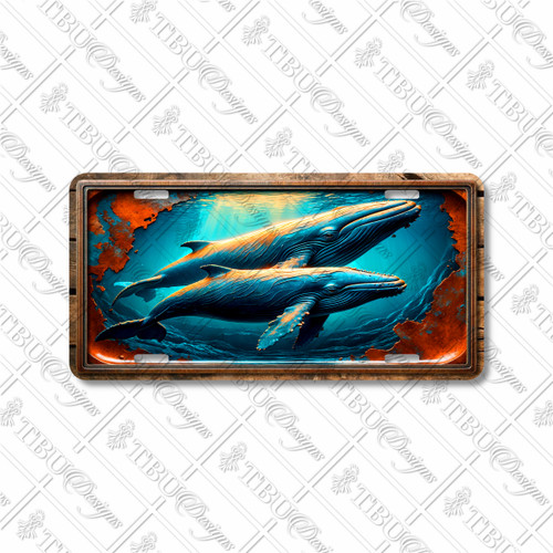 Whale license plate featuring rustic embossed-look artwork of two whales illuminated by golden sunbeams in the ocean depths, printed on aluminum.