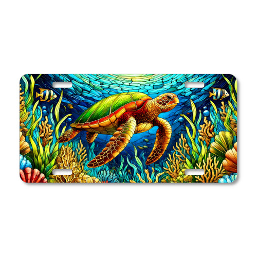 Sea Turtle license plate featuring stained glass-inspired underwater coral reef design with turtle and tropical fish, printed on aluminum.
