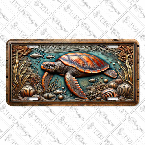 Rustic sea turtle license plate featuring embossed-look design with bronze turtle, shells, and teal ocean background.