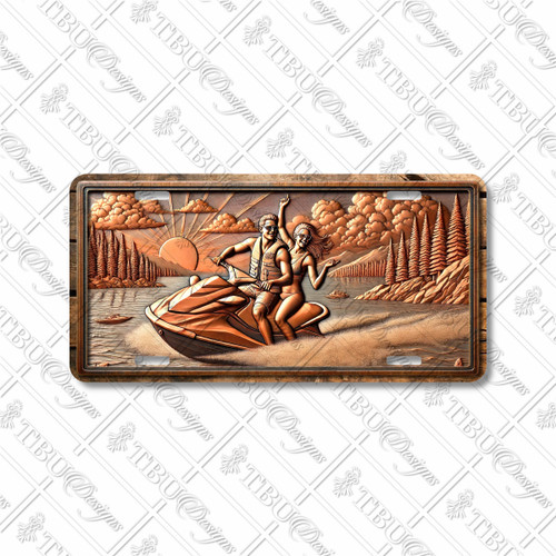 Rustic jet ski license plate featuring copper-toned embossed-look design of couple riding across a lake sunset with pine trees.