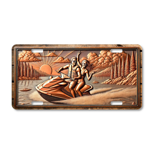 Rustic jet ski license plate featuring copper-toned embossed-look design of couple riding across a lake sunset with pine trees.
