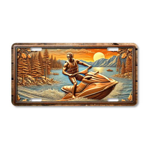 Bold jet ski rider license plate featuring man on jet ski at mountain lake with copper sunset and pine forest in embossed-look detail.