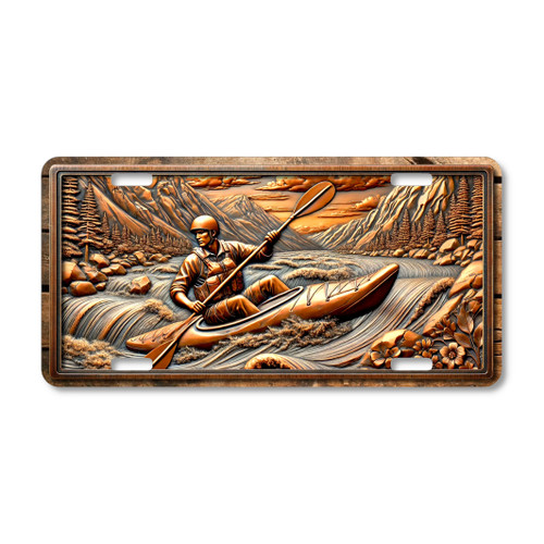 Whitewater rapids kayak license plate featuring a rustic copper-toned mountain river scene with kayaker, aluminum construction.