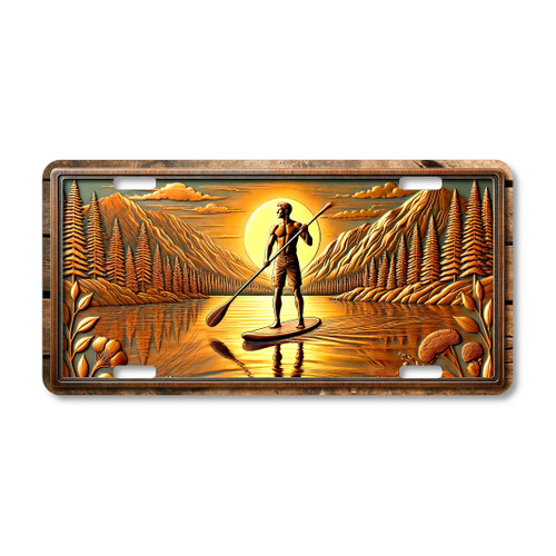 Golden hour paddle boarding license plate featuring rustic copper mountain lake sunset design, aluminum construction.