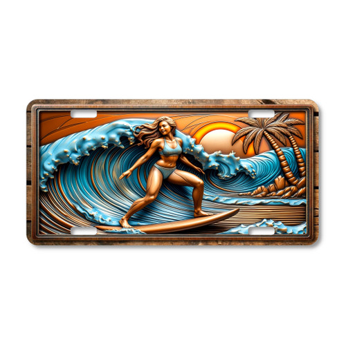 Surfing wave rider license plate featuring rustic copper-and-blue ocean wave design with palm trees and sunset.