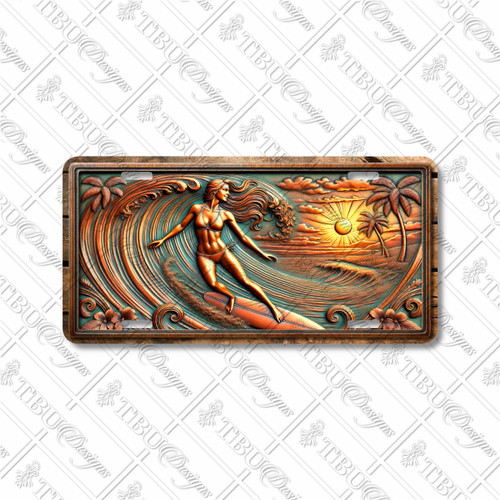Sunset surfing wave license plate featuring rustic copper-and-teal tropical ocean design with palm trees and sunset.