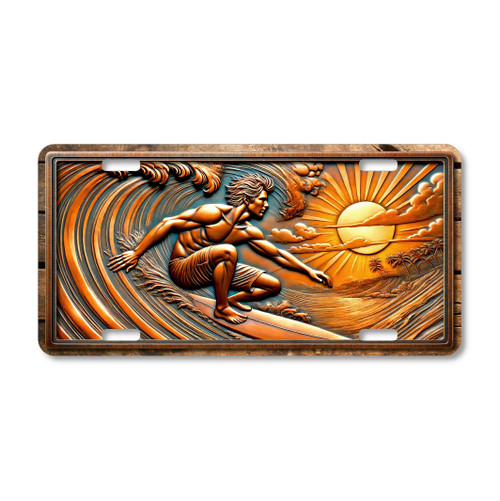 Surfing sunset rider license plate featuring rustic copper-and-teal wave design with glowing tropical sunset.