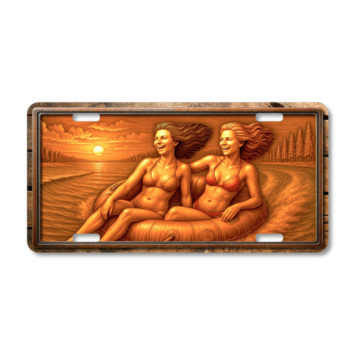Sunset tubing fun license plate featuring rustic copper sunset lake design with two riders in a tube, aluminum construction.