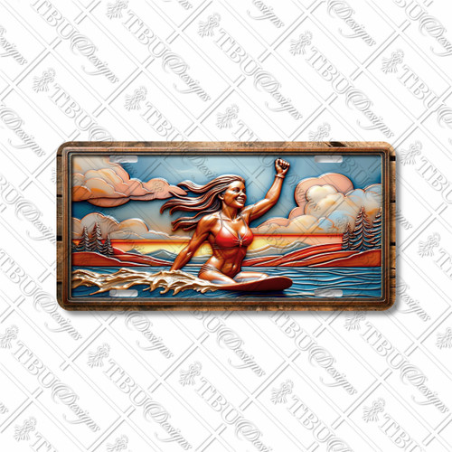 Wakeboarding sunset ride license plate featuring rustic copper-and-blue design of wakeboarder across waves, aluminum construction.