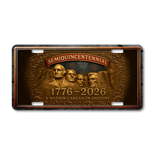 Semiquincentennial Mount Rushmore license plate featuring bronze-carved presidents, red banner, fireworks, and “1776–2026 A Nation Carved in History” text in rustic embossed-look artwork on aluminum.