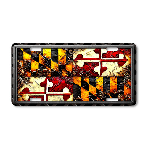 Maryland state flag license plate featuring bold red, gold, black, and white design in rustic embossed-look artwork on aluminum.