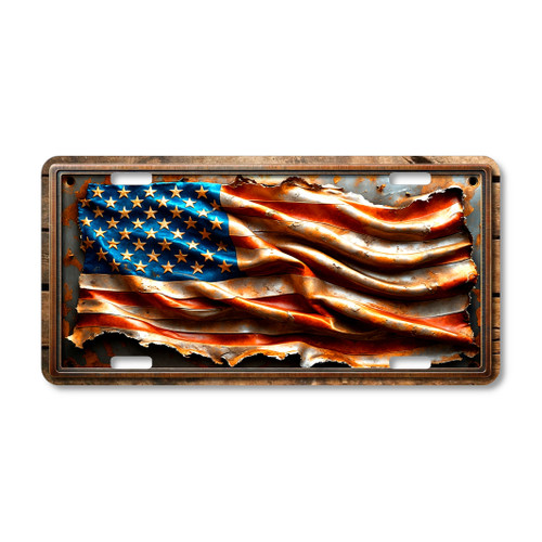 Tattered American flag license plate featuring full-color rustic red, white, and blue design with distressed torn-metal effect in embossed-look artwork on aluminum.