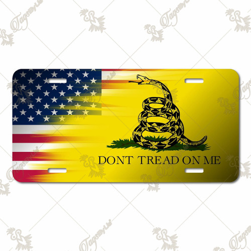 American and Gadsden flag license plate featuring bold red, white, blue, and yellow design with coiled rattlesnake and “Don’t Tread on Me” text in embossed-look artwork on aluminum.