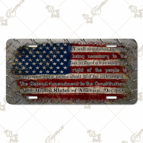 American flag license plate featuring full Second Amendment text in distressed rustic metal embossed-look artwork on aluminum.