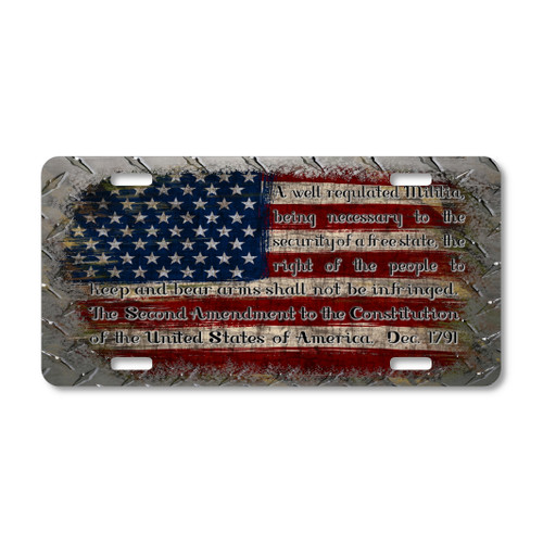 American flag license plate featuring full Second Amendment text in distressed rustic metal embossed-look artwork on aluminum.
