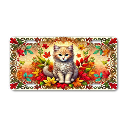 Autumn kitten license plate featuring fluffy cat surrounded by colorful fall leaves in ornate Art Nouveau-inspired design on aluminum.