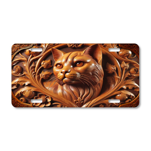 Ornate wooden cat license plate featuring carved-style feline portrait with scrollwork and floral accents in rustic embossed-look design on aluminum.